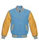 Light Blue Wool With Golden Leather Varsity Jacket