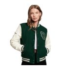 Women Green Varsity Jacket With Patches