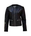 Zipped Pockets Collarless Leather Jacket
