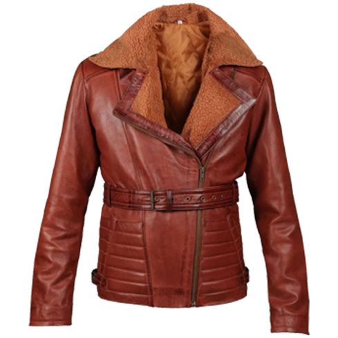 Furred Collar Cross Zipper Brown Women Leather Jacket