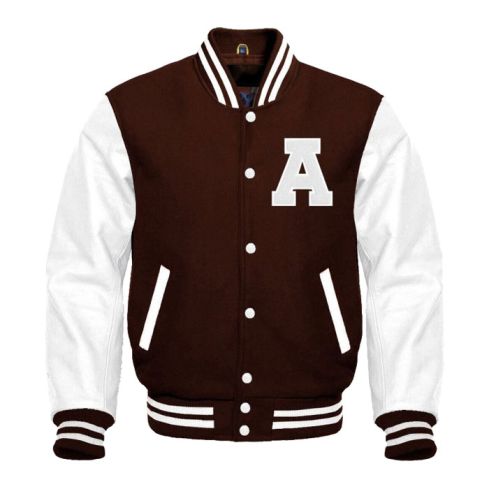 Brown And White Varsity Jacket With Chenille Patch