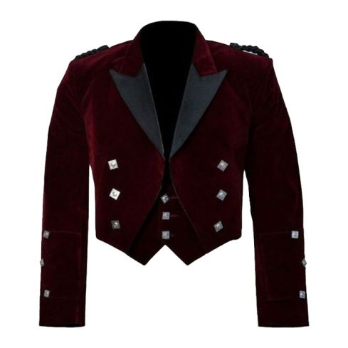 Scottish Red Velvet Prince Charlie Kilt Jacket With Vest