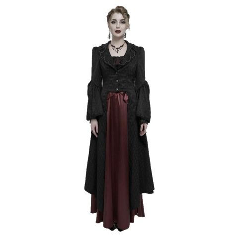 Black Jacquard Short Front Long Back Lapel Bead And Chain Trim Large Cuffs With Lace Trim Back Strap Thin Long Women's Gothic Coat
