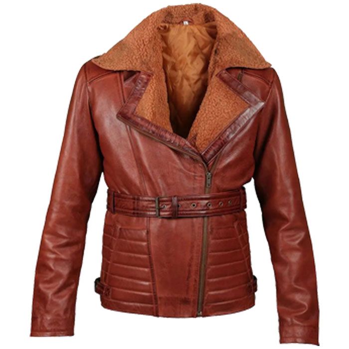 Furred Collar Cross Zipper Brown Women Leather Jacket