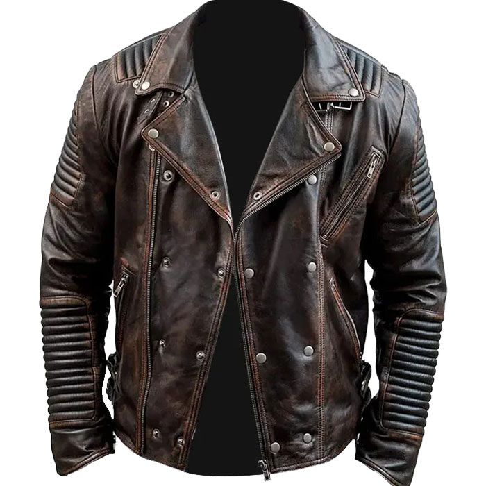 New Style Buttoned Distress Leather Jacket For Men