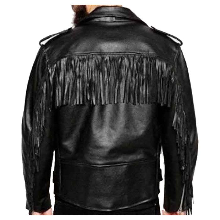 Men Black Genuine Leather Tassel Cowboy Jacket