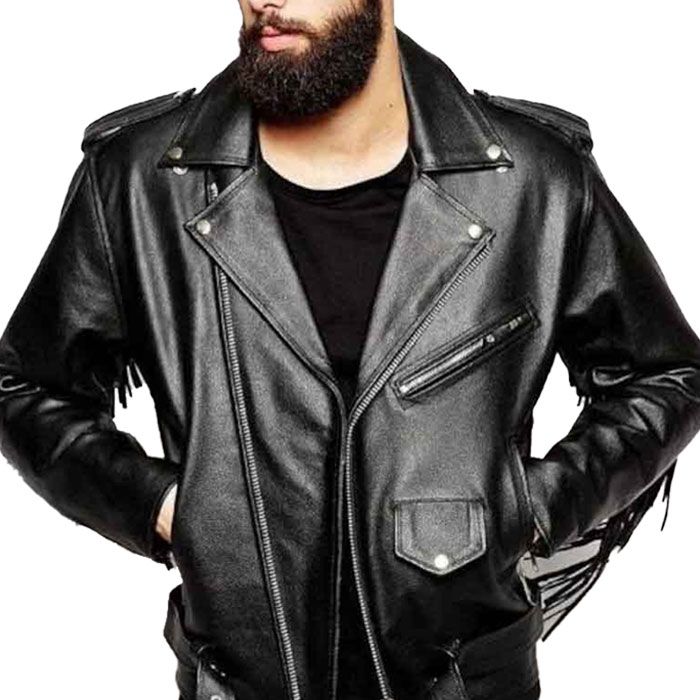 Men Black Genuine Leather Tassel Cowboy Jacket
