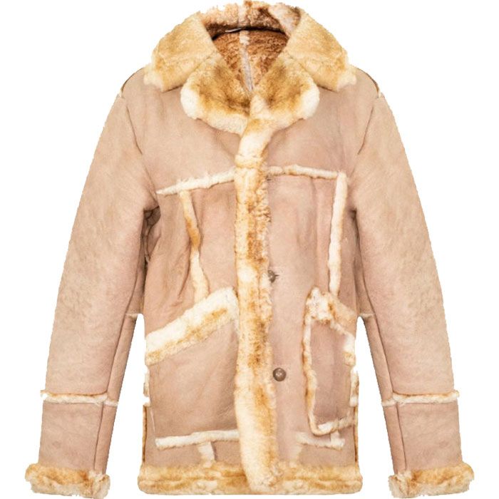 Men Beige Vintage Leather Shearling Coat