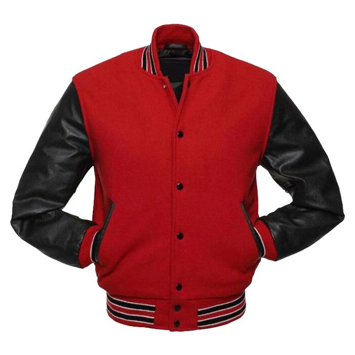 Red Wool And Black Leather Sleeves Men Varsity Jacket