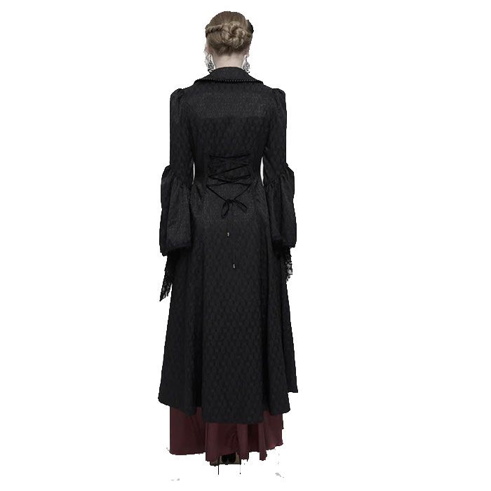  Black Jacquard Short Front Long Back Lapel Bead And Chain Trim Large Cuffs With Lace Trim Back Strap Thin Long Women's Gothic Coat