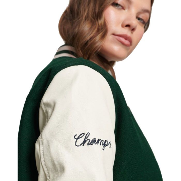 Women Green Varsity Jacket With Patches