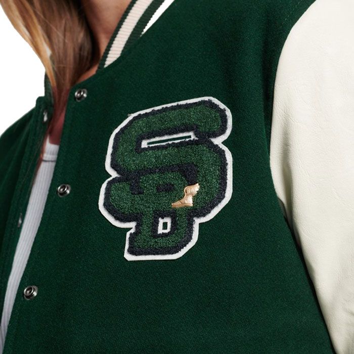 Women Green Varsity Jacket With Patches