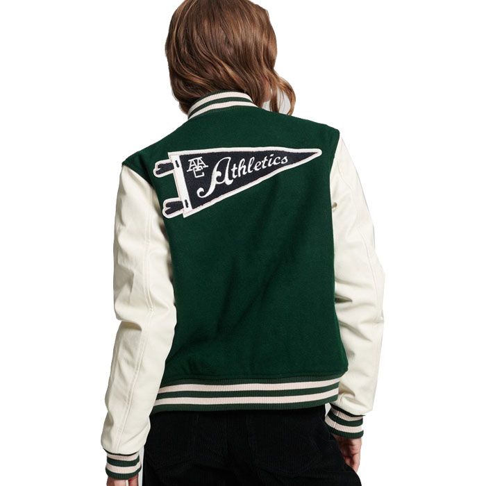 Women Green Varsity Jacket With Patches