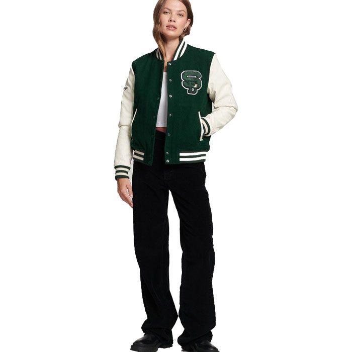 Women Green Varsity Jacket With Patches