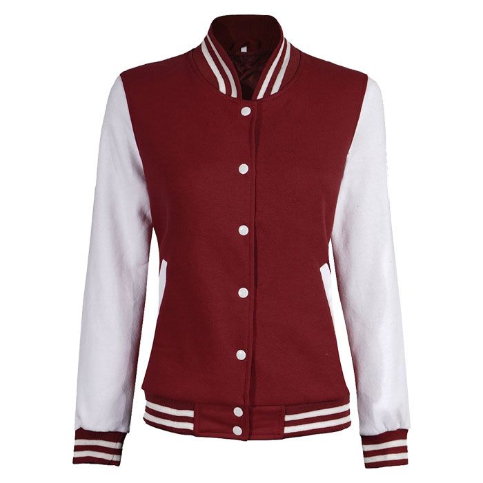 Women Maroon and White Varsity Jacket