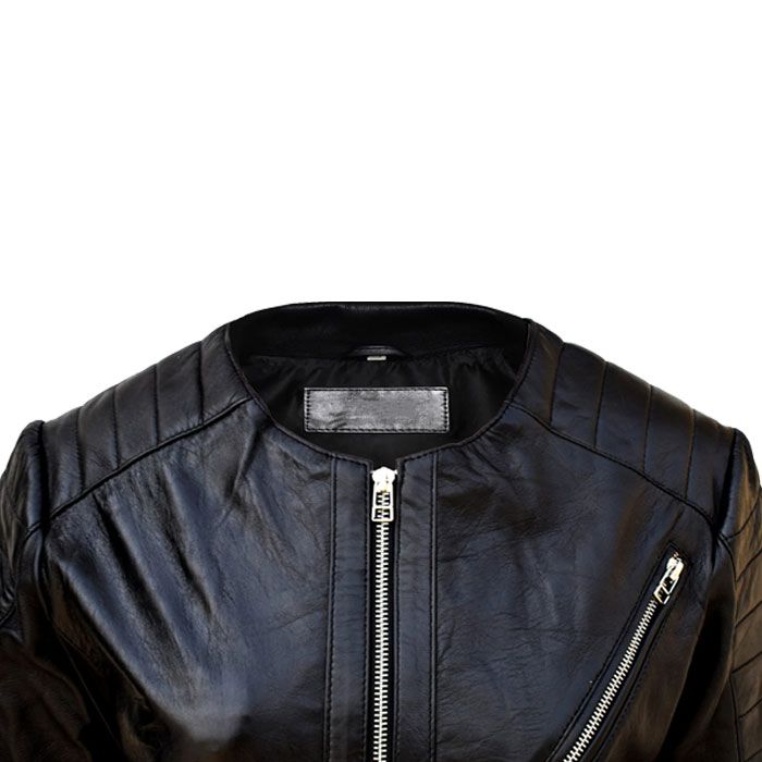 Zipped Pockets Collarless Leather Jacket