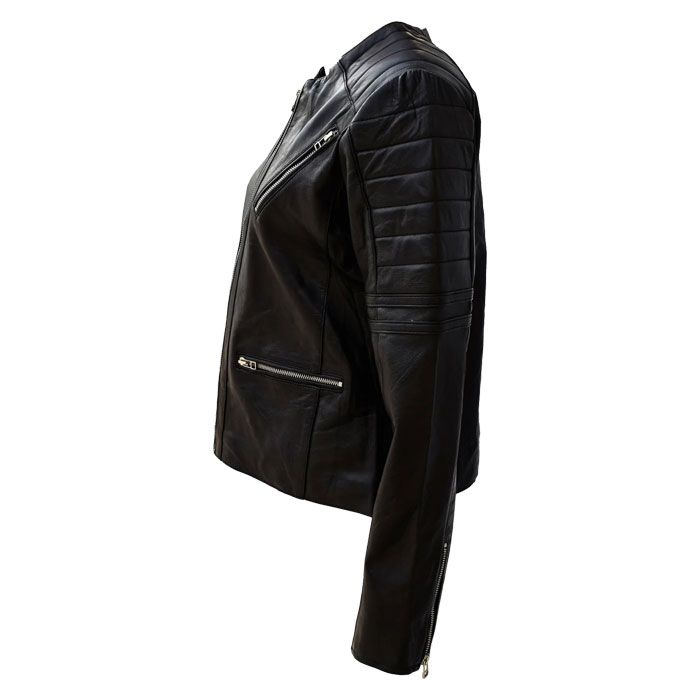 Zipped Pockets Collarless Leather Jacket