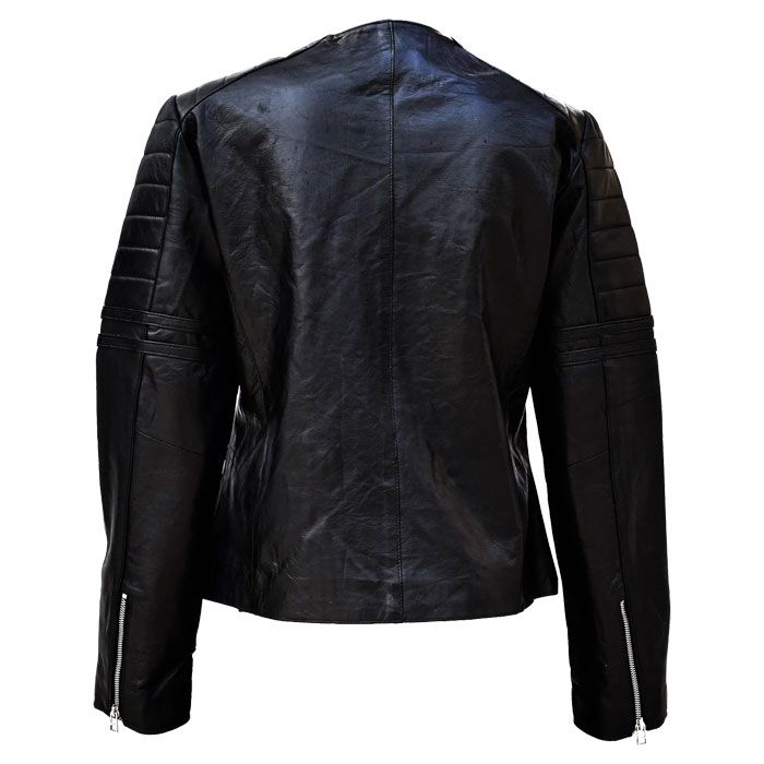 Zipped Pockets Collarless Leather Jacket