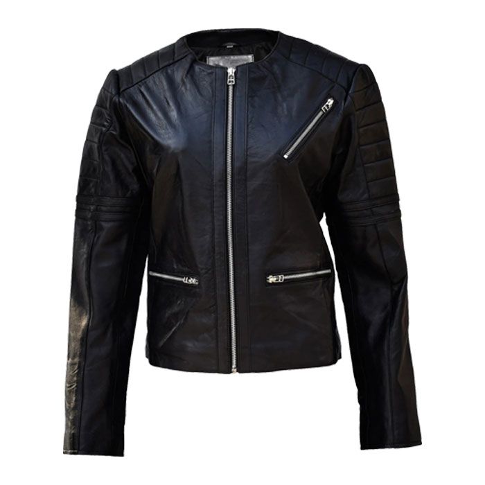 Zipped Pockets Collarless Leather Jacket